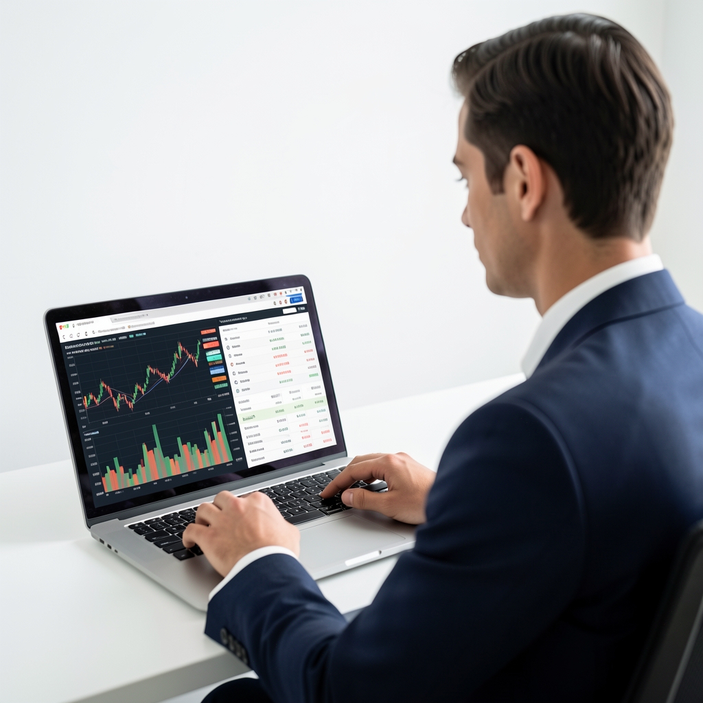 Modern ofis ortamında dizüstü bilgisayar ekranında finansal grafik ve tablo analizleri inceleyen profesyonel biri, temiz beyaz arka plan