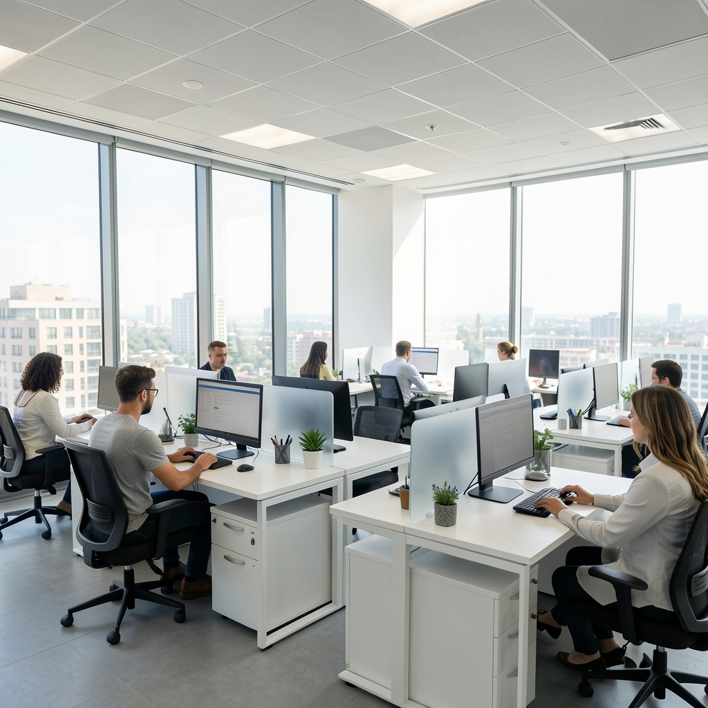 Oasis finansal analiz merkezinin modern ofis ortamı, büyük cam duvarlar, beyaz çalışma masaları ve veri grafikleri içeren duvar ekranları